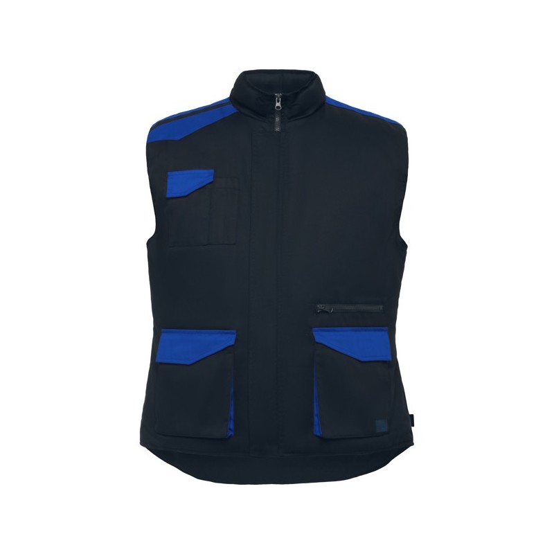Chaleco laboral multibolsillos con cuello alto en colores combinados.